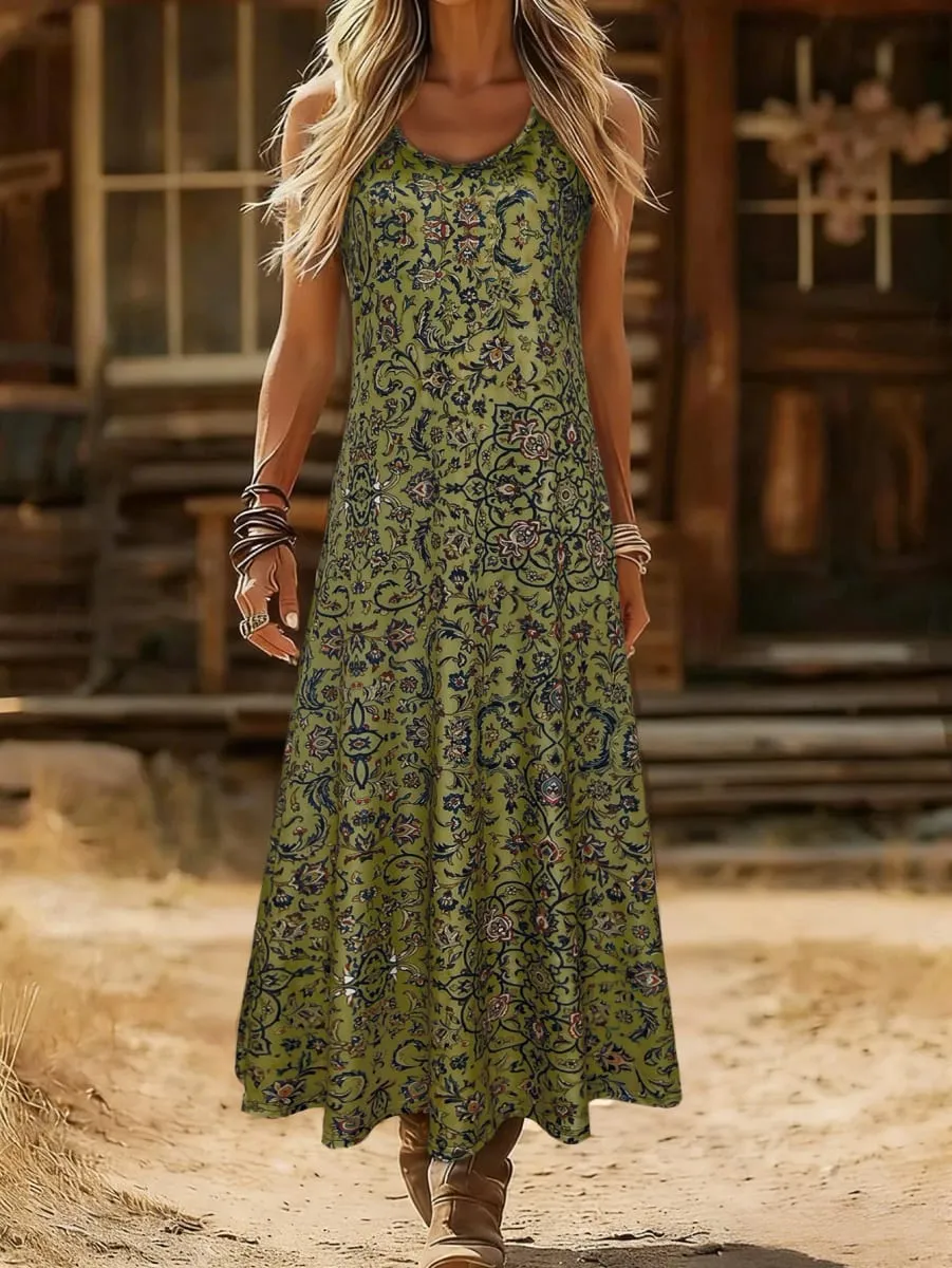 Women's Vintage Floral Print Sleeveless Maxi Dress Round Neck Loose A Line Casual Sundress Summer Boho Vacation Long Dress — image 2