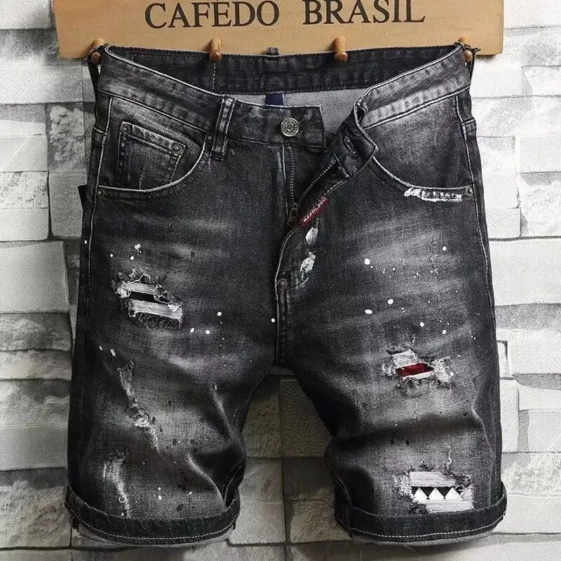 2025 Denim Shorts Men's Summer Trend Brand Printed Embroidered Trend Slim-Fit Casual Elastic Black Trousers Man Jeans Pants — image 8