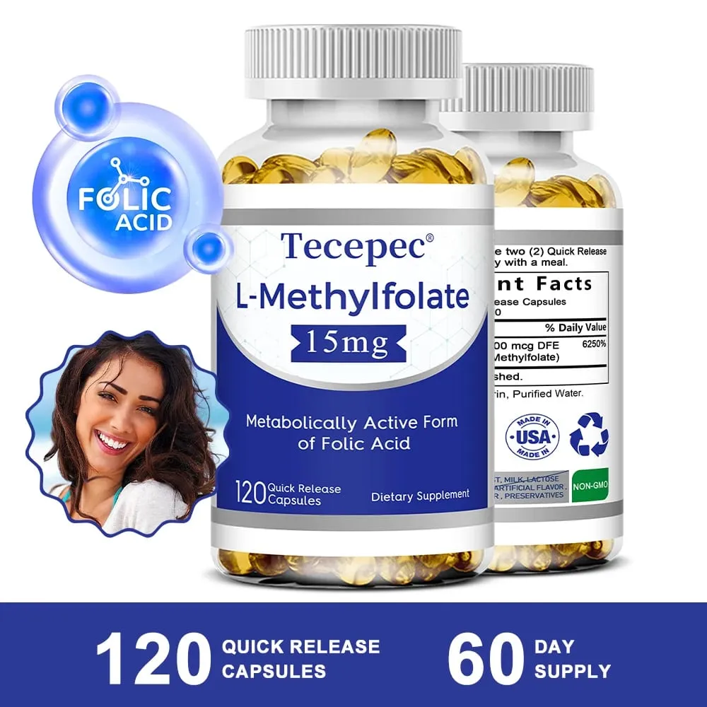 L-Methylfolate 15mg Supplement - Metabolically Active Form of Folic Acid Support Brain & Heart Health Non-GMO Gluten Free — image 1
