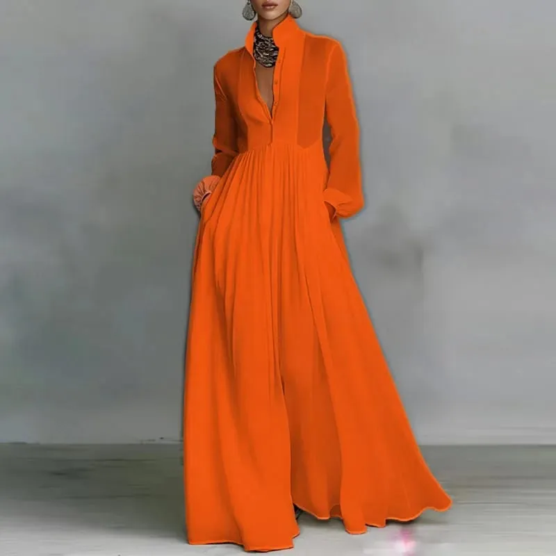 French Elegant High Waist Swing Long Dress Woman Spring Solid Pockets Pleated Maxi Dress Autumn Long Sleeve Button Evening Dress — image 6