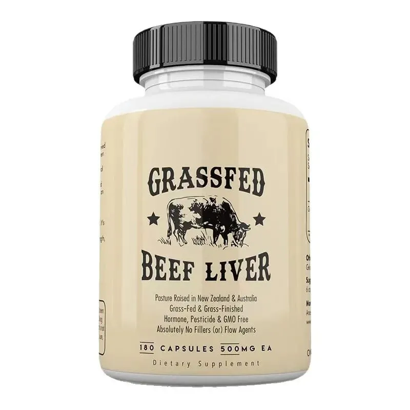 Capsules de foie de bœuf nourries à l'herbe, 500 mg chacune, supplément de foie de bovin élevé en pâturage, sans OGM, 180 capsules