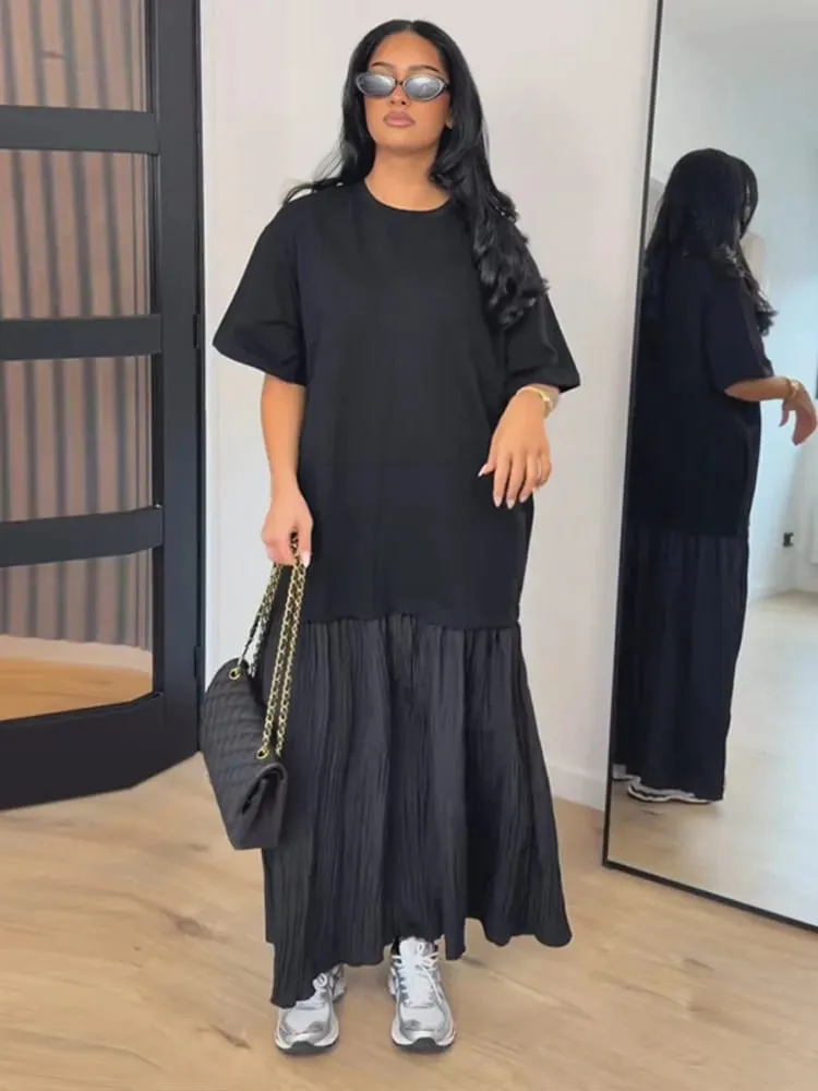 Fashion Patchwork Women Short Sleeve Dresses Casual O Neck Loose Female Solid Midi Dress 2026 Spring New Lady Long Robe Street — image 5