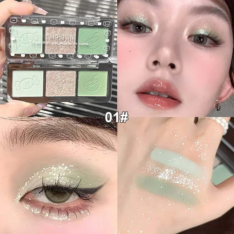 3-Color Glitter Eyeshadow Strip Palette Brightening Waterproof Gradient Mint-green Summer Lying Silkworm Eye Pigment Makeup — image 8