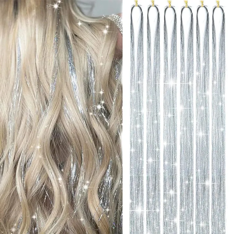 Synthetic 6PCS Sparkle Shiny Tinsel Hair Extensions Colored Long Straight Tinsel Kit 1200 strands Hairpiece for Girls Party Use — image 1