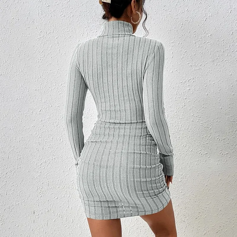 Autumn Women Mini Dresses For Solid Long Sleeves Turtleneck Sexy Bodycon Sheath Dress Club Elegant Party Dress Pullover Clothing — image 7