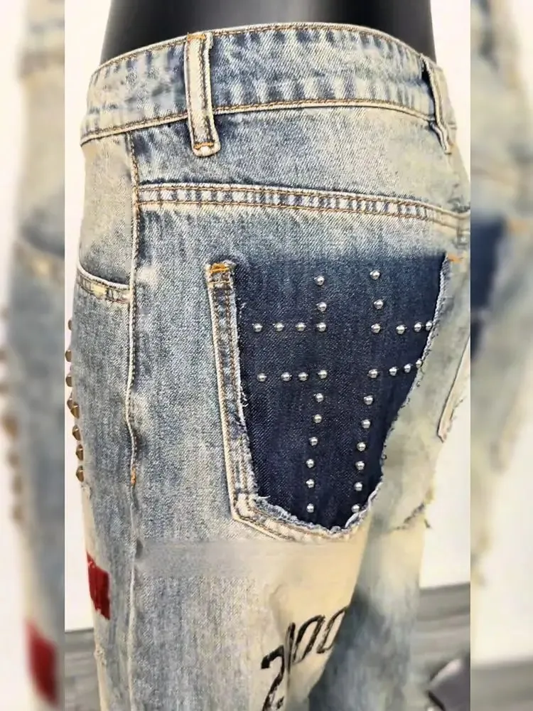 Men's Rivet Hole Design Street Retro Jeans Casual Pant Vintage Boys Straight Unisex Sweatpants Male High Waist Wide Leg Trousers — image 5