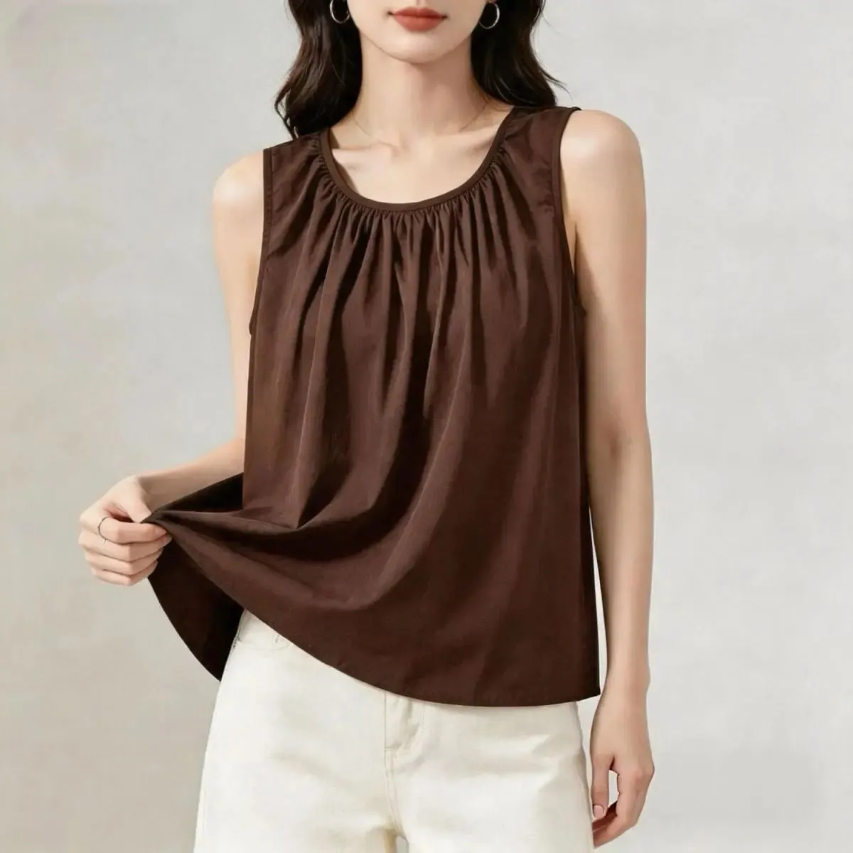 Street Casual Pleated Solid Simplicity All-match Tops Summer New Sleeveless Loose Elegant T Shirts Fashion Trend Women Clothing — image 8