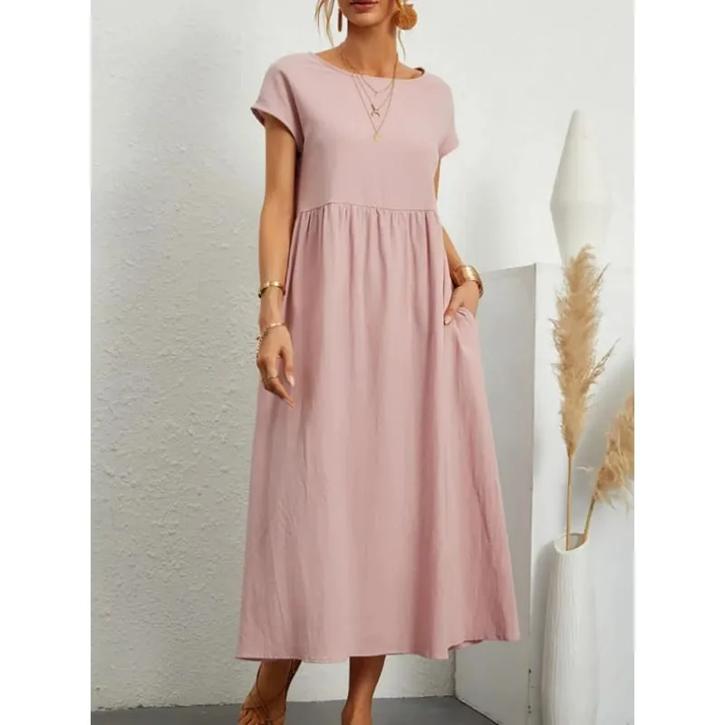 Premium Elegant Solid Cotton Linen Dress Summer Midi with Pockets Loose Fit Casual Crew Neck Short Sleeve for Beach Travel — image 11