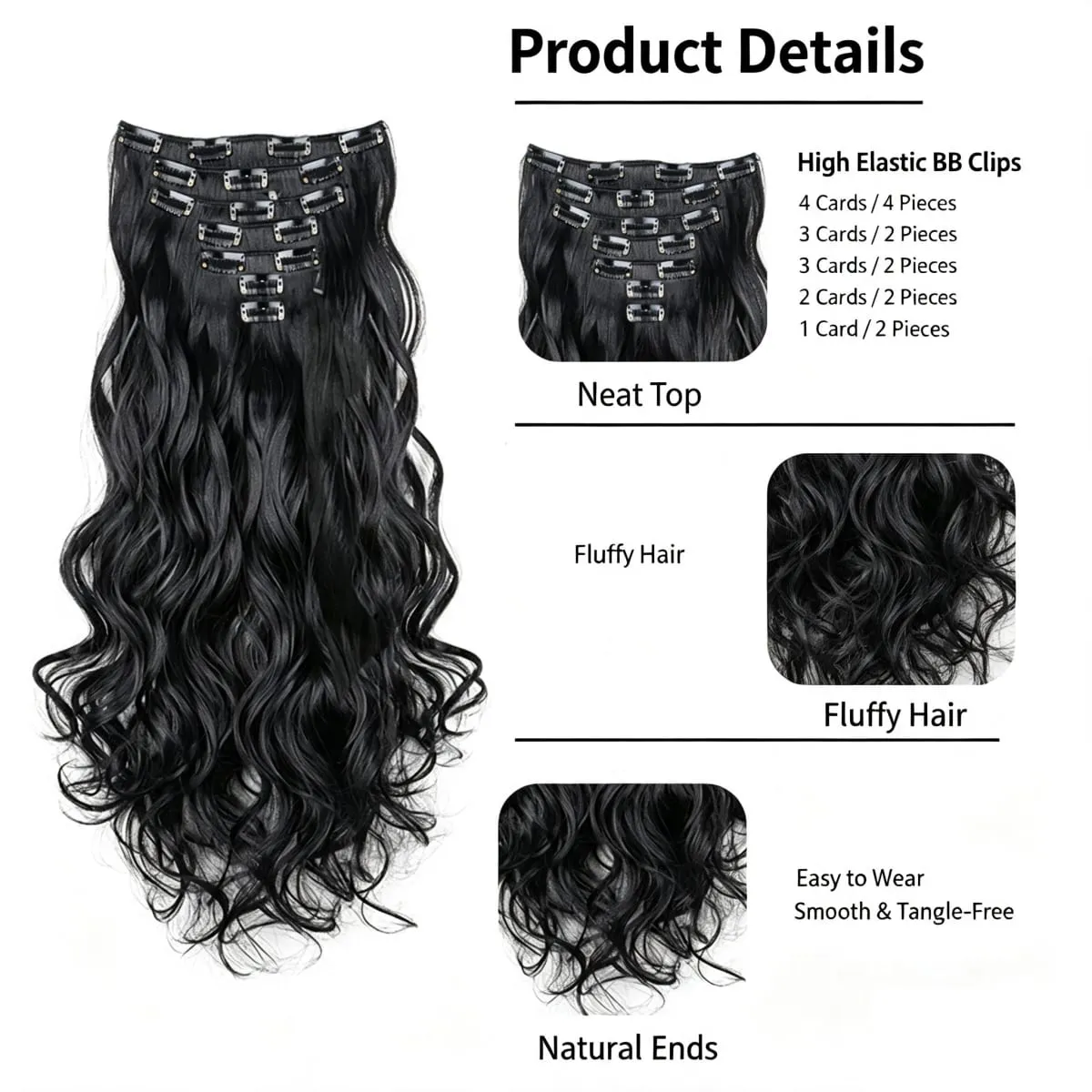 Clip In Hair Extensions 7 PCS Full Head 18Inch Long Curly Wavy Synthetic Hair Pieces Natural Wavy For Women GirlsHair cosplaywig — image 4