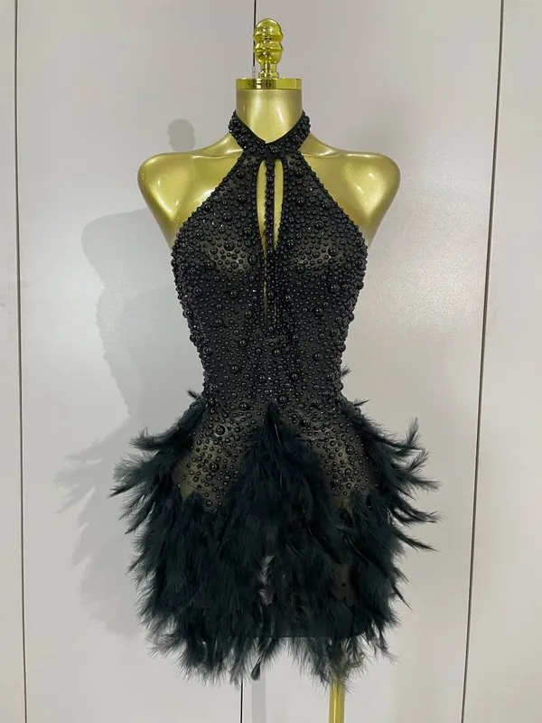 Women Luxury Rhinestones Pearls Feathers Halter Backless Short Dress Women Sexy Celebrate Birthday Dress Nightclub Stage Costume — image 10