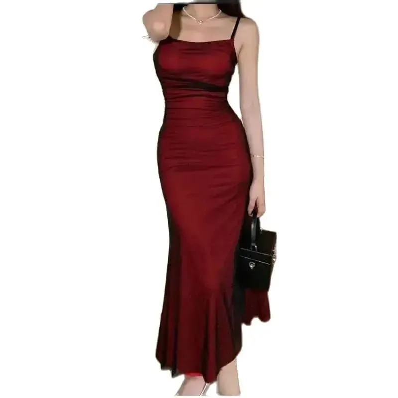 Abito lungo con corsetto aderente senza maniche da donna francese, cinturino per spaghetti rosso vino, elegante abito da sera lungo vintage
