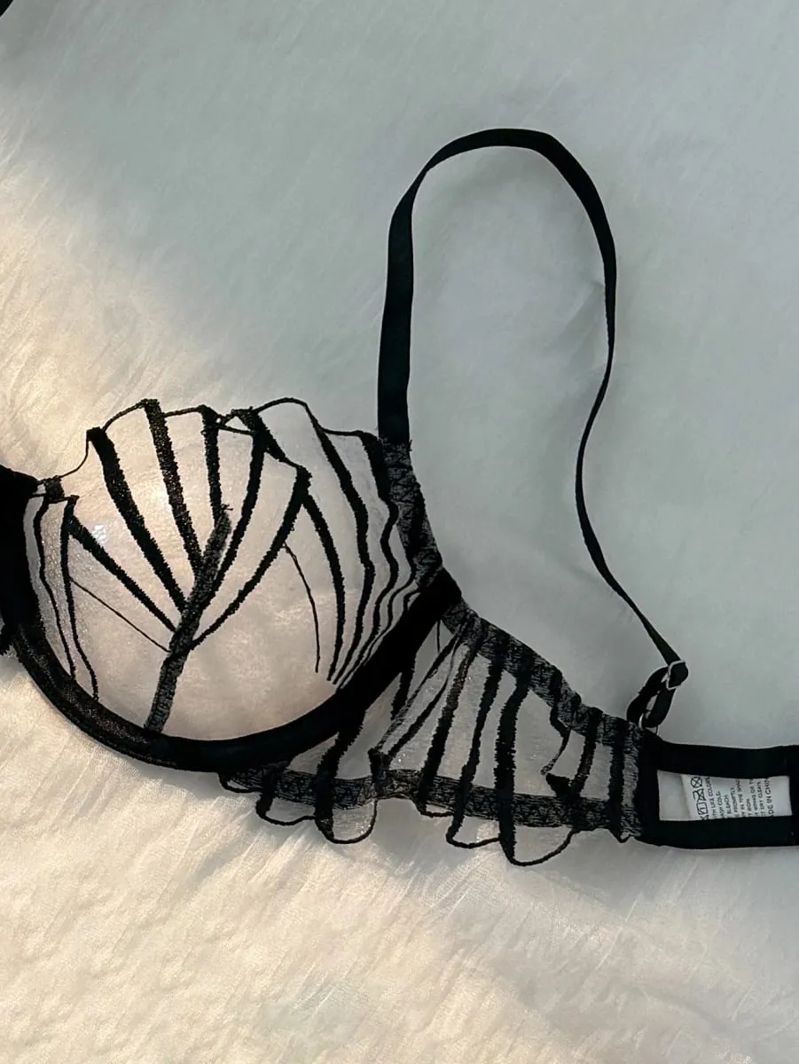 Women Black Geometric Embroidery Lingerie Set Ruffle Trim Underwire Bra Thong Sheer Mesh Stylish Intimate Underwear ZA824058 — image 4