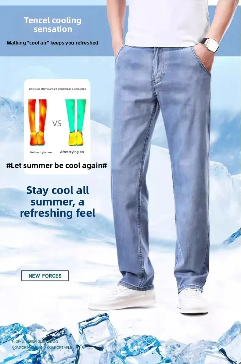 Summer Thin Wide Leg Pants Loose Fit Casual Ice Silk Jeans Men's Breathable Straight Cut Long Trousers Business Gentleman Style — image 3