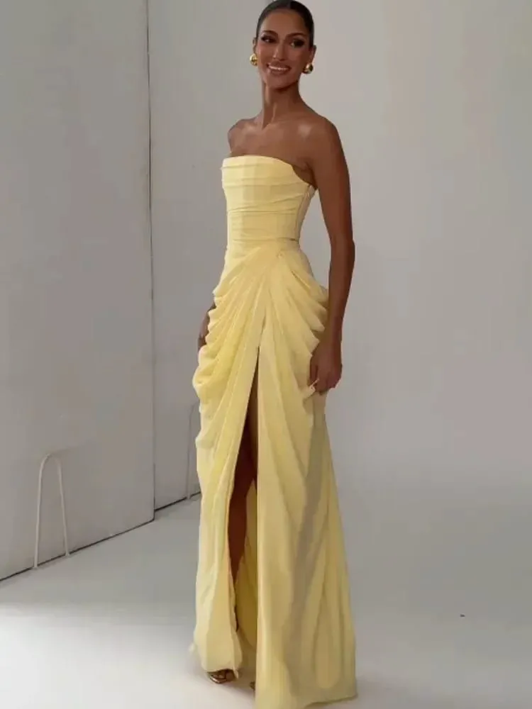 여자 노란색 우아한 Strapless Pleated 드레스 섹시한 민소매 허리 Cinching 분할 맥시 가운 2026 레이디 새로운 저녁 파티 드레스 — image 5