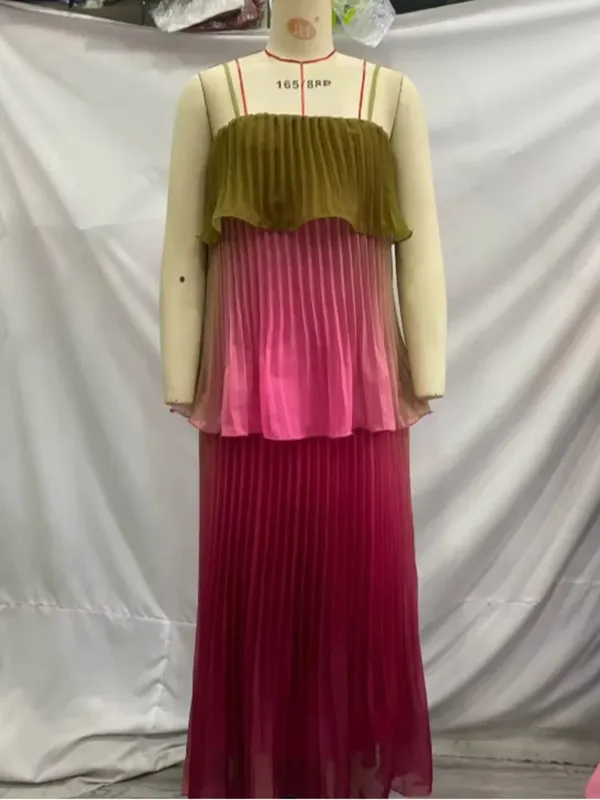 Chic Multicolored Pleated Women Maxi Dress Elegant Spaghetti Strap Ruffle Tiered Flowy Vestidos 2026 Summer Lady Vacation Outfit — image 5