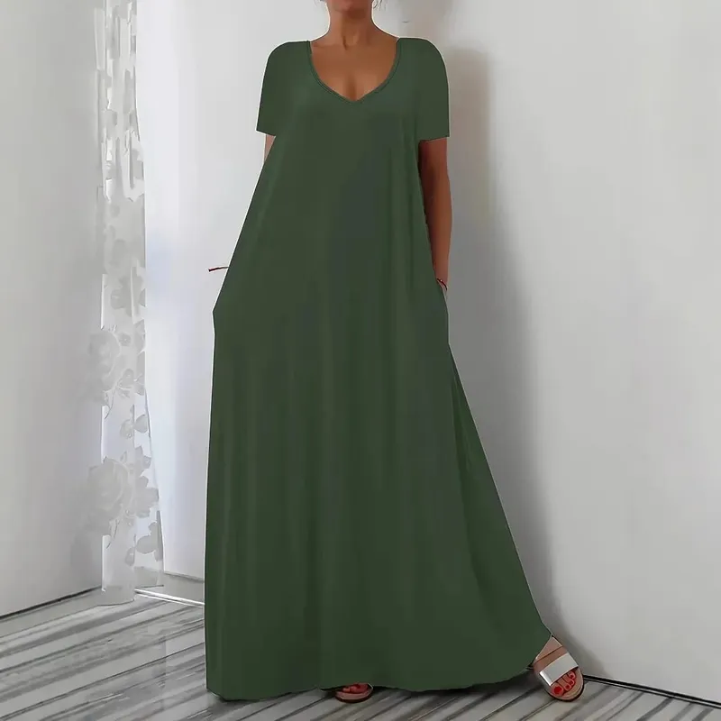 Plus Size Summer new long skirt casual loose short sleeved solid color V-neck plus size dress for women — image 3