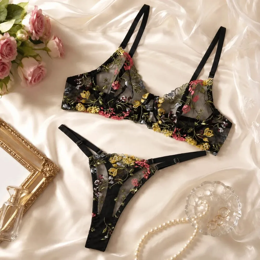 Sheer Intimates Transparent Lingerie Set Ultra-thin Push Up Embroidery Floral Underwear Elegant Bra Suit Women — image 2