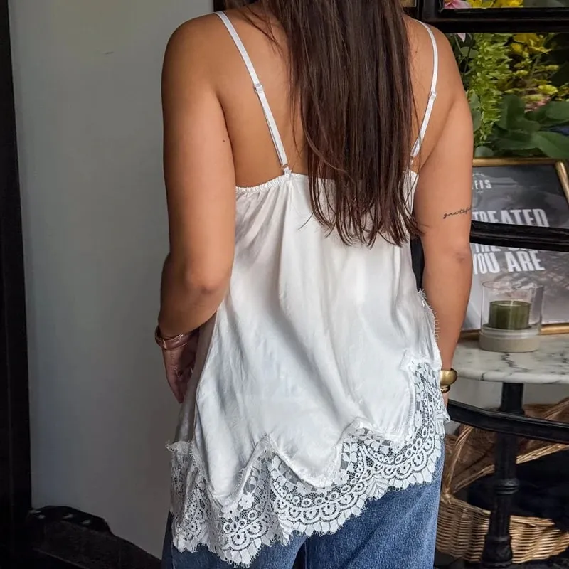 Asymmetrical Backless Spaghetti Strap Tank Cami Shirts Sexy V Neck Silk Camisole Tops Women Coquette Lace Trim Satin Tank Top — image 3