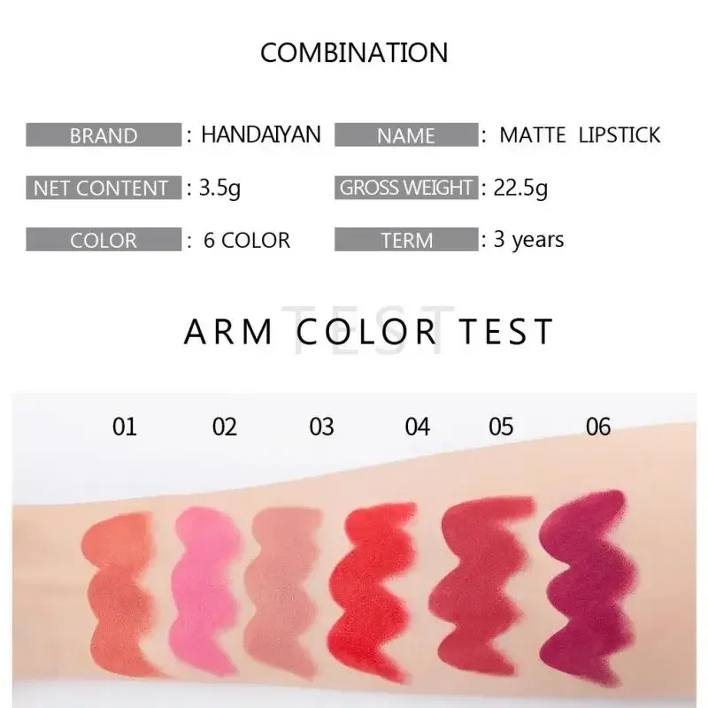 Fugtgivende mat læbestift 6 nuancer Langvarig Ikke-overførsel Nude Lip Gloss HANDAIYAN Kosmetik til damer — image 3