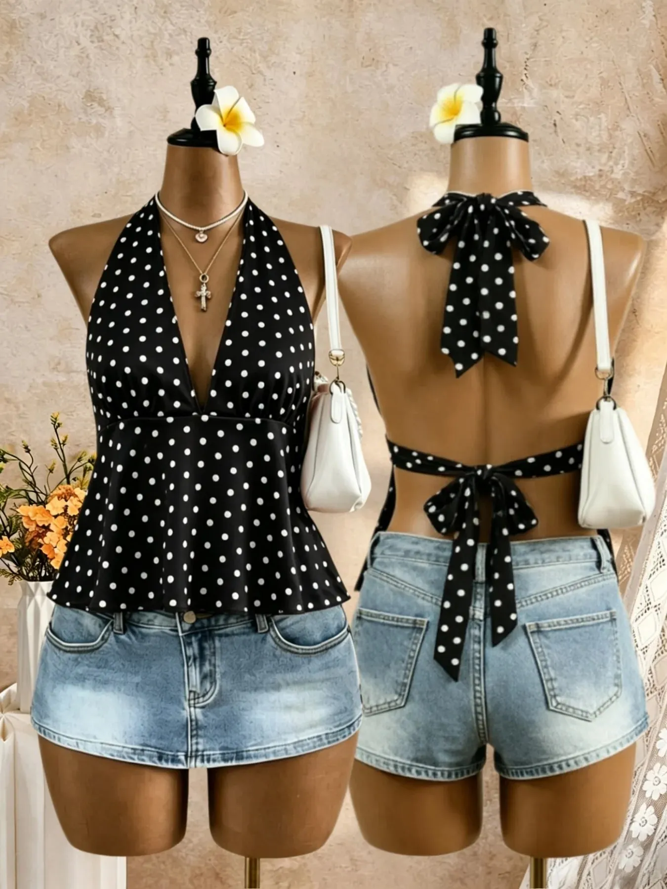 Women Halter Deep V Neck Polka Dot Back Tie Bow Peplum Cami Top 2026 Summer Y2K Red Retro Satin Open Back Flared Sleeveless Swin — image 5