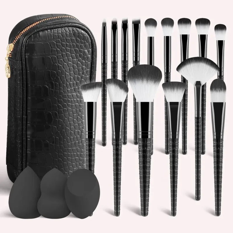 15Pcs Complete Makeup Brush Kit with Bag & 2 Beauty Sponges Face Eye Brushes for Beginners & Artists