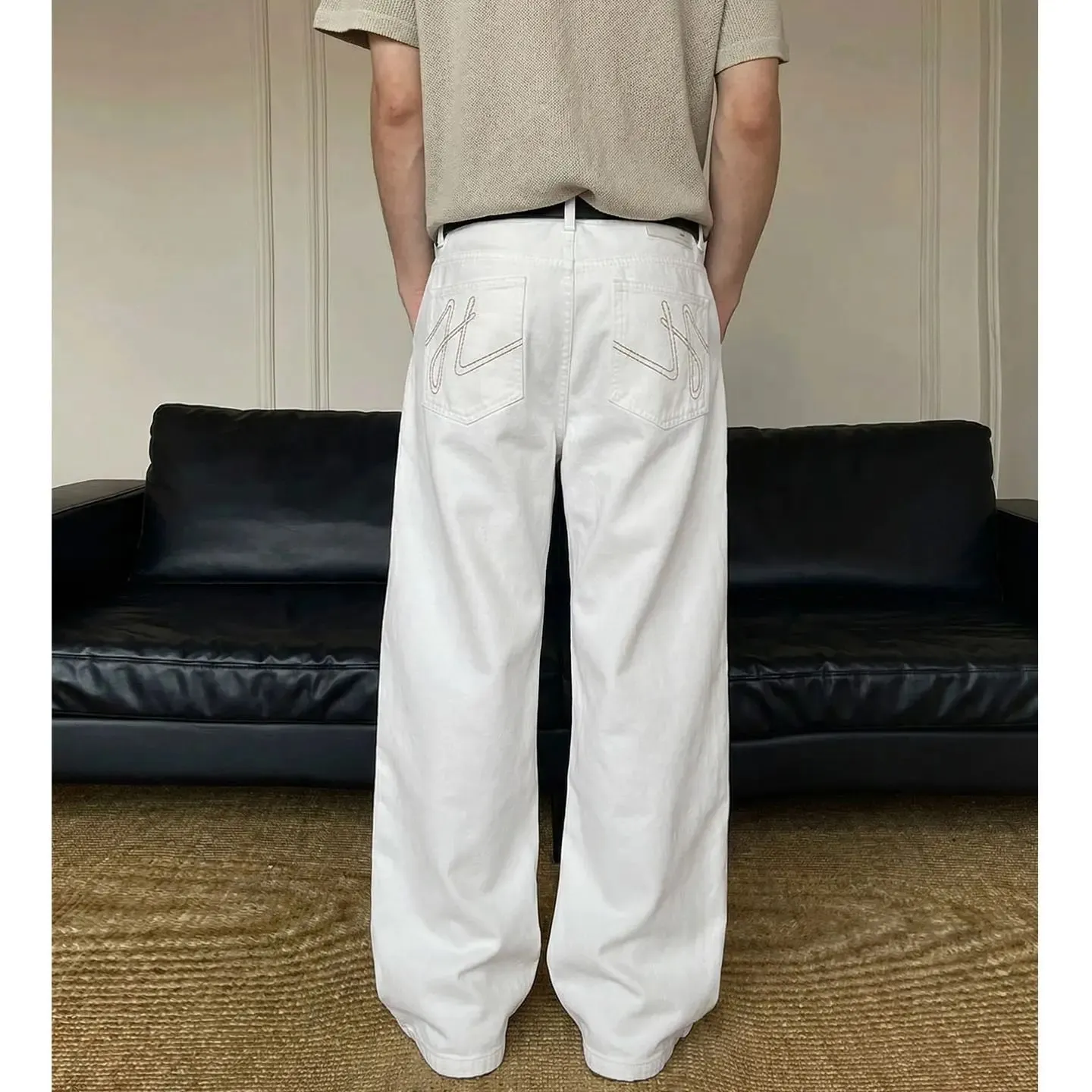 100% Cotton White Jeans Classic Embroidered Straight Loose Korean Retro High Street Y2K Casual Wide Leg Pants for Men and Women — image 3