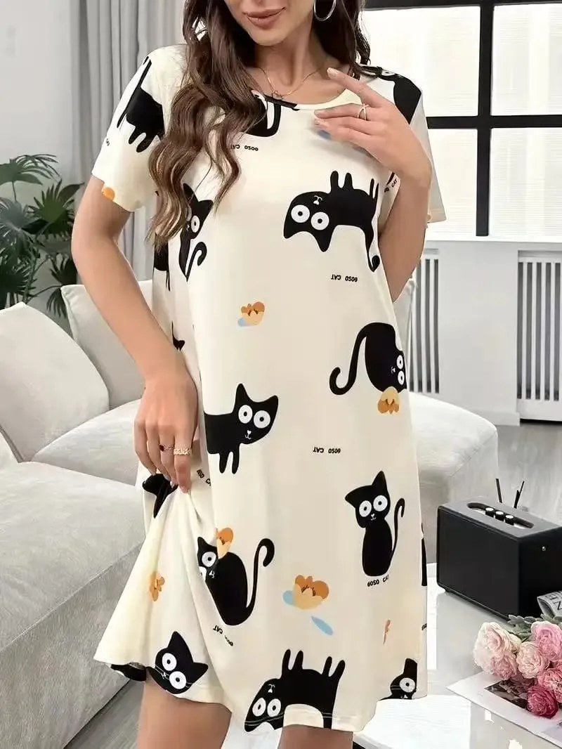 Women's Spring and Summer Cartoon Cat and Letter Print Pajamas Short-Sleeved Round Neck Dress — image 5