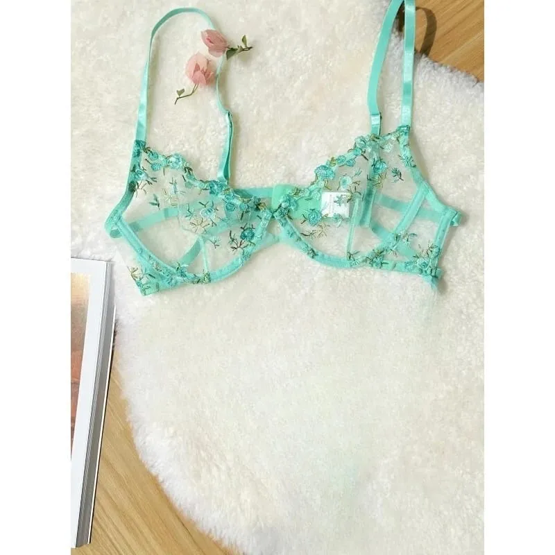 Korean Hot Lace Bra Set Floral Embroidery Transparent Mesh Ultra Thin Big Bust Modest Summer Ladies Daily Wear Underwear 32-38