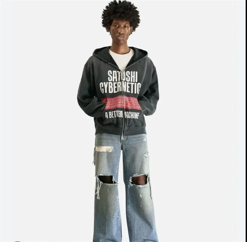 New SN Letter Printed Washed Retro Splashed Ink Zipper Hoodie Street Casual Cotton Loose Versatile Sports Oversize Trendy Top — image 3