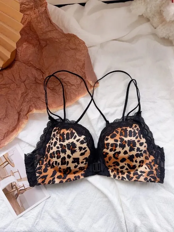 Best Selling Leopard Print Front Closure Push Up Bra Set Sexy Back Design Small Bust Enhancing Women Lingerie — image 13