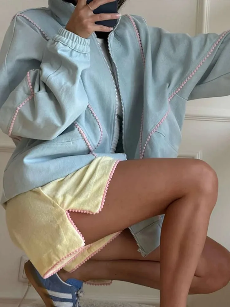 Polka Dot Cropped Windbreaker Jacket Contrast Pink Seam Piping Side Pockets Loose Outerwear 2026 Autumn Street Daily Lady Coat — image 5