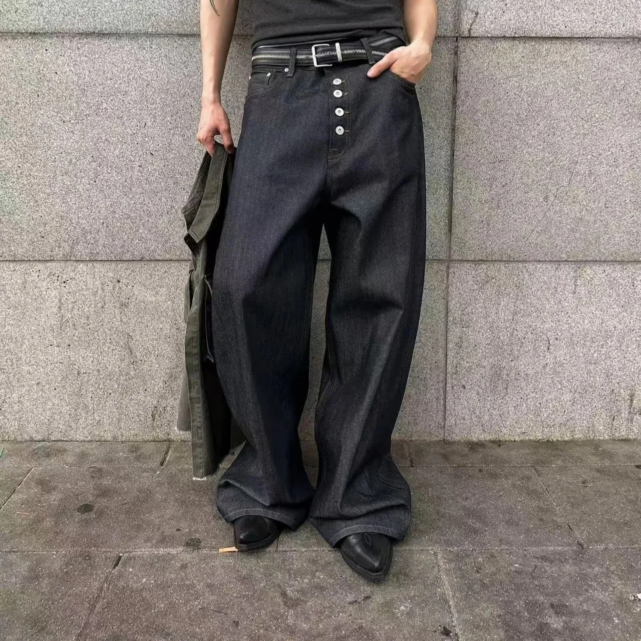 Button Design Machete Denim Baggy Jeans Men's High Street Edge Selvedge Niched Hiphop Loose Long Wide Leg Pants 12377 — image 2