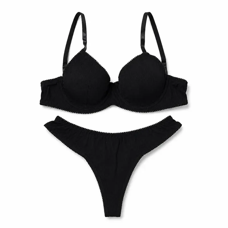 Women Solid Ribbed Lingerie Set Underwire Thin Cup Bra Matching Low Rise Thong Soft Daily Intimates — image 3