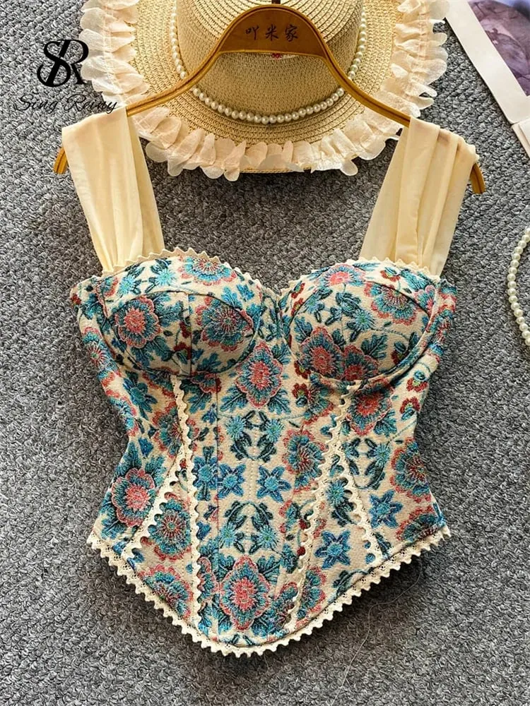 American Retro Print Evening Camisole Female Strap Lace Spliced Slim Top 2025 Streetwear Floral Vintage Beach Tank Top — image 10