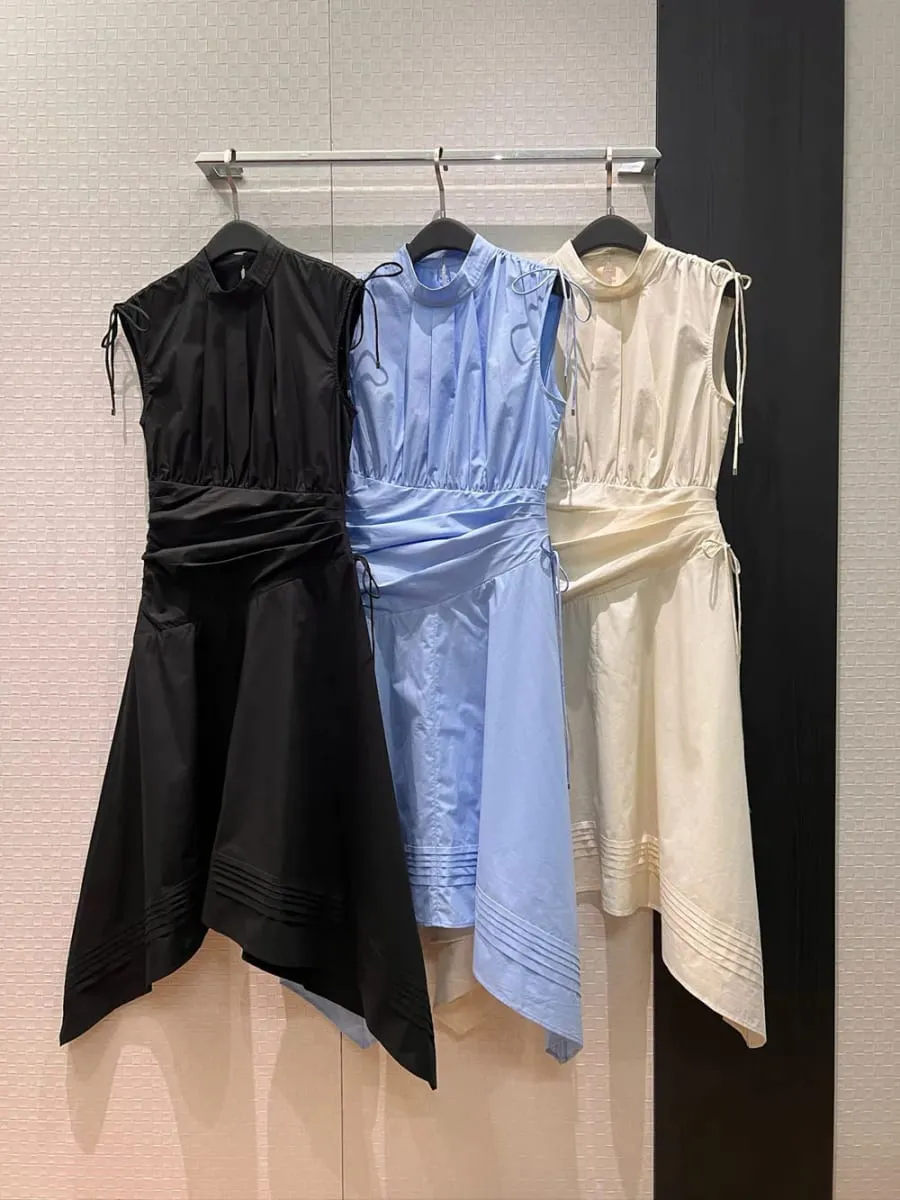 New 2026 spring summer women drawstrings stand collar cotton dresses sleeveless folds irregular dress — image 1