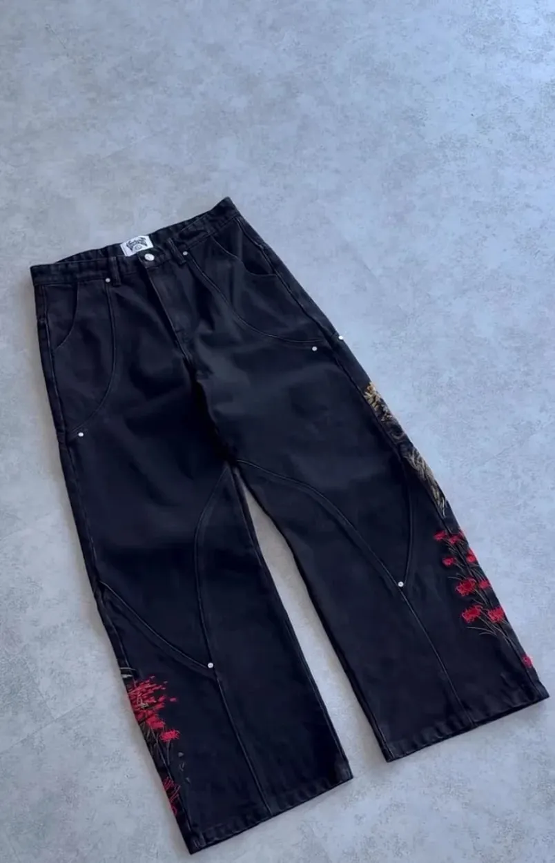 Samurai Embroidery Men Jeans Y2K Retro Harajuku Street Hip Hop High Waist Straight Pants Unisex Wide Leg Loose Denim Pants — image 3