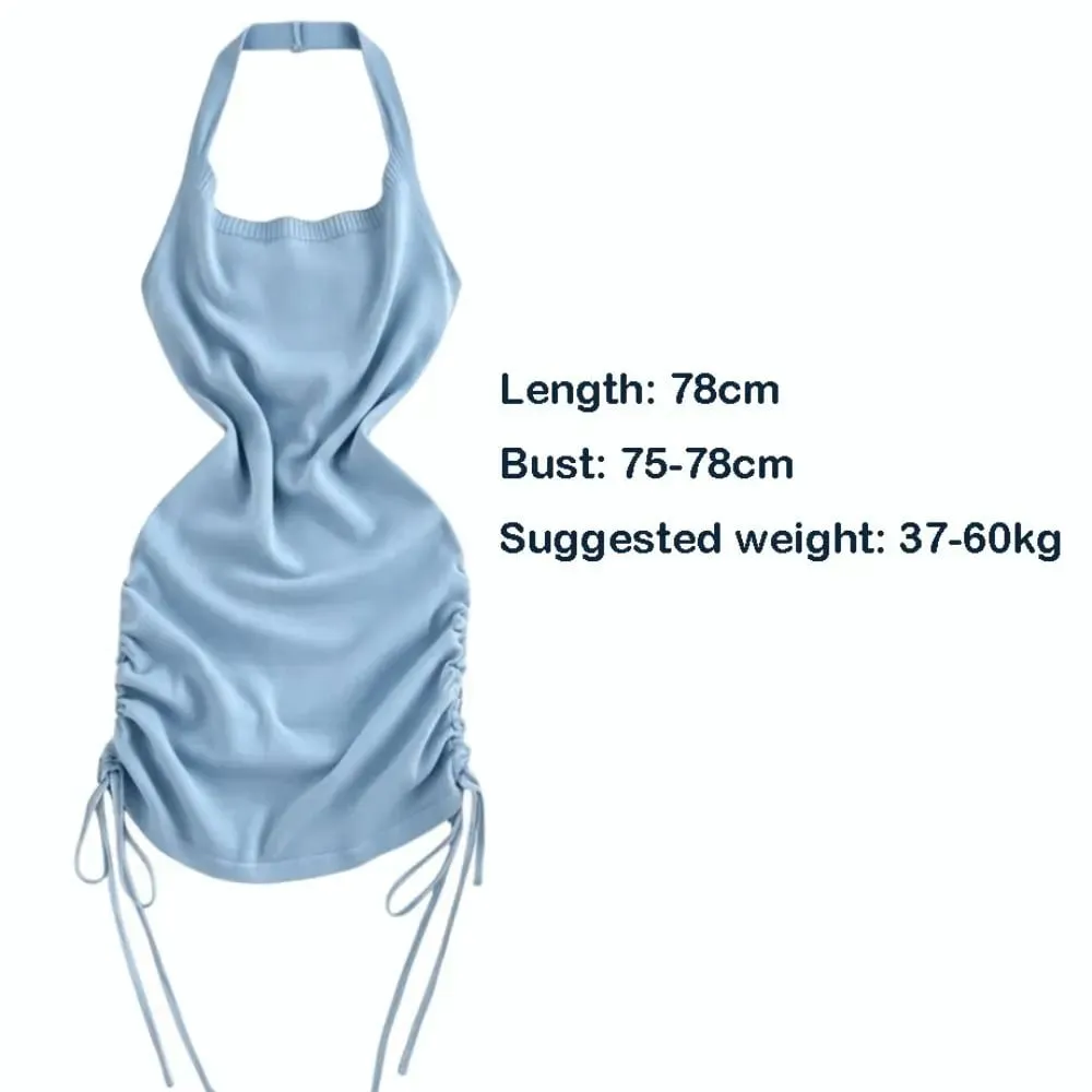 Solid Color Halter Neck Dress Sleeveless Design Drawstring Bodycon Dress Stretchy Knit Ruched Side Mini Dress Women Summer Wear — image 7