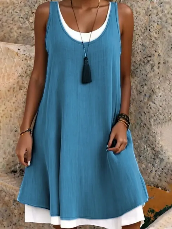 Women's Solid Dress Fashion O Neck Pullover Sleeveless Fake Two Piece Loose Beach Dresses For Women Summmer New Womens Clothings — image 5