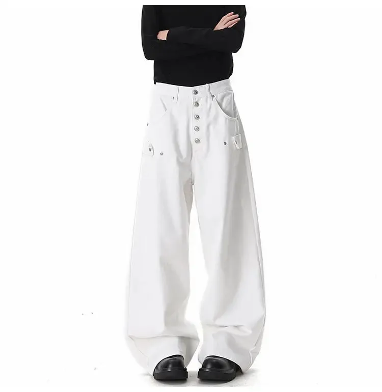 Loose Denim Pants for Men 2026 New Button Decoration Personalized Design Baggy Jeans Men Comfortable Fit Casual Trousers — image 8