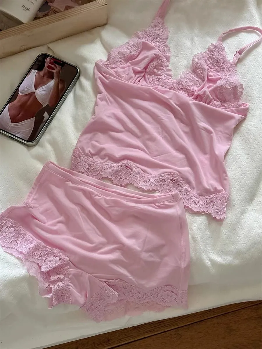 Pink Lace Trim Bra Sets Woman Sexy Triangular Cup Seamless Bras+Low Waist Boxer Briefs Solid Soft Comfort Underwear 2 Piece Set — image 2