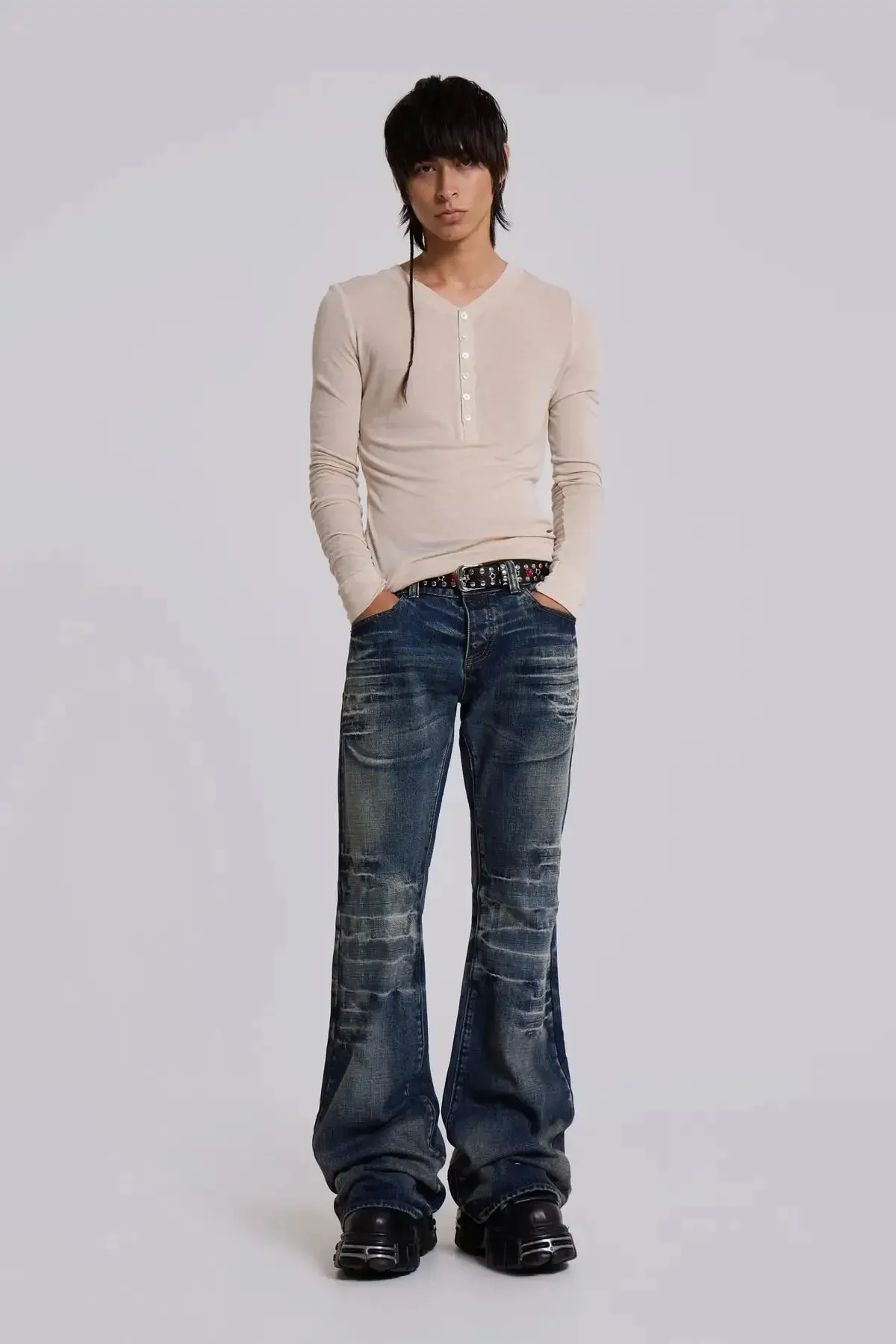 Y2K Mid Blue Flared Jeans Washed Men Women Bootcut Jeans Gothic High Street Unisex Streetwear Baggy wide leg Pants — image 8