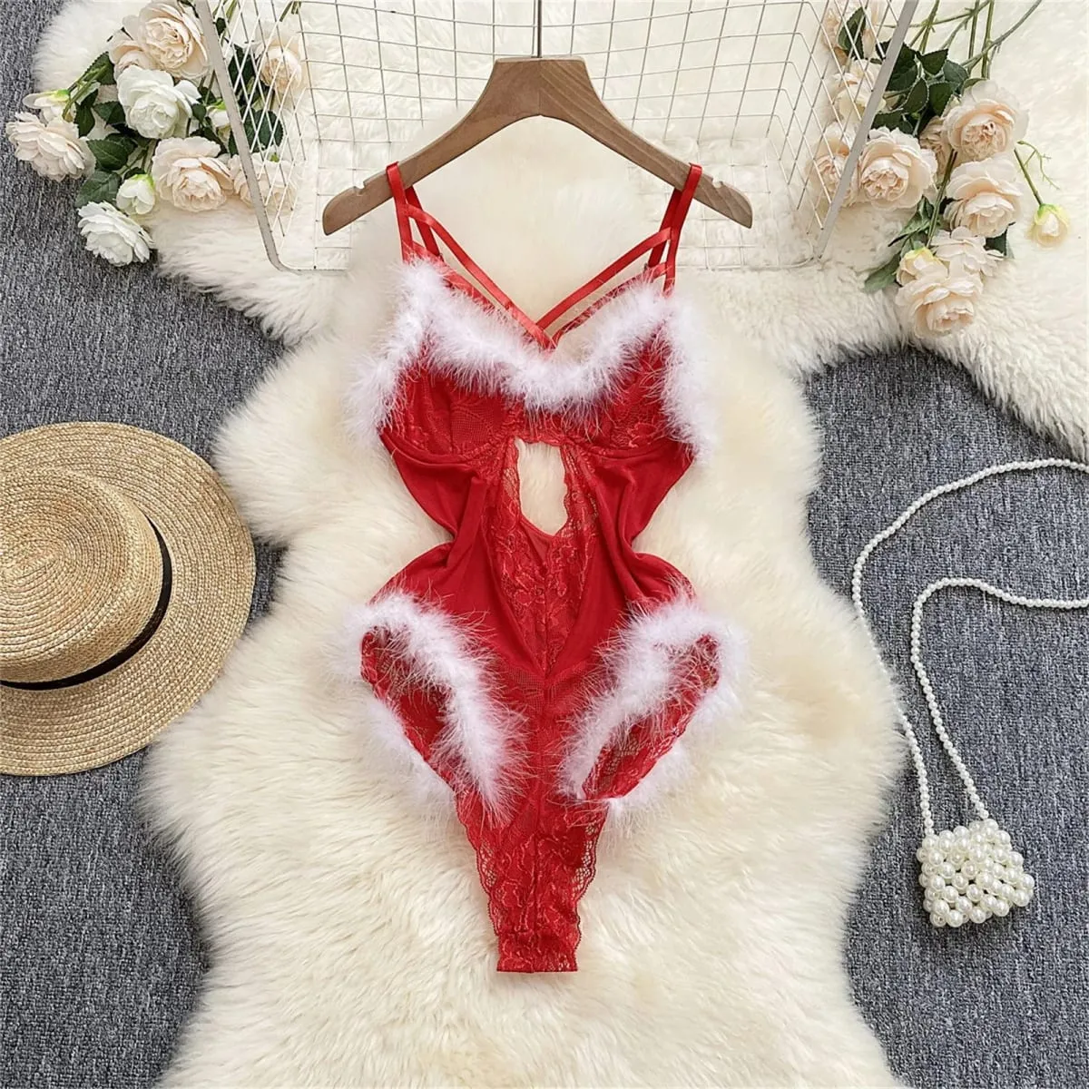 Christmas See-Through Comfortable Lingerie Set Women'S Sexy Christmas Erotic Lingerie Furry With Steel LenceríA Hot Caliente