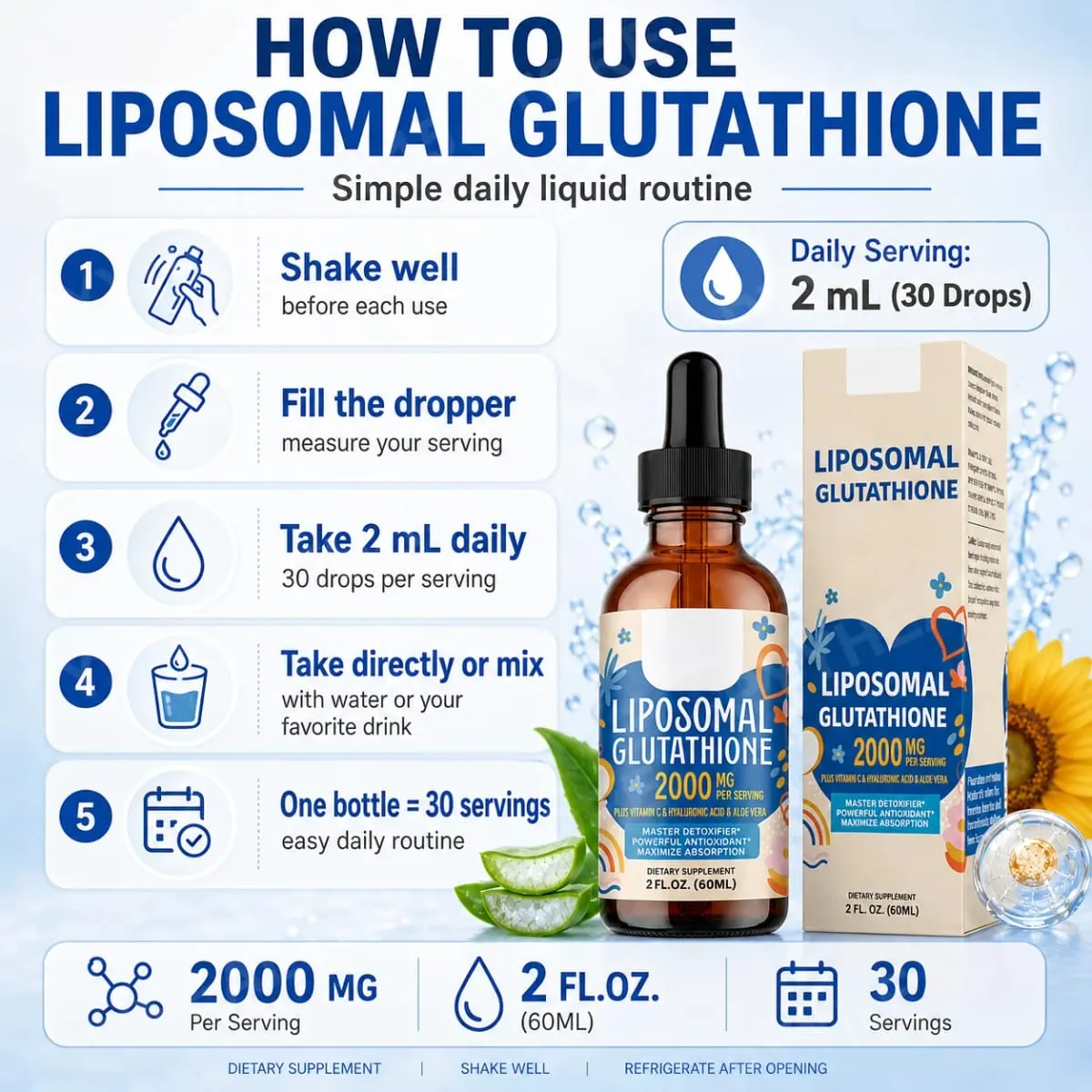 Liposomal Glutathione Liquid Drops 1500mg with Vitamin C Hyaluronic Acid & Aloe Vera for Beauty Glow and Hydration Support — image 5