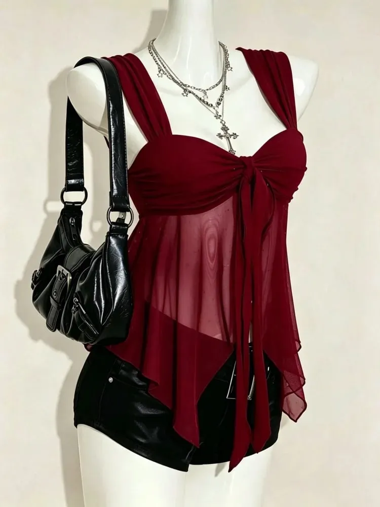 Women's Sweetheart Neck Backless Mesh Knot Front Pleating Strap A-line Crop Top Summer Sexy Cute Elegant Soft Comfortable Cloth — image 7