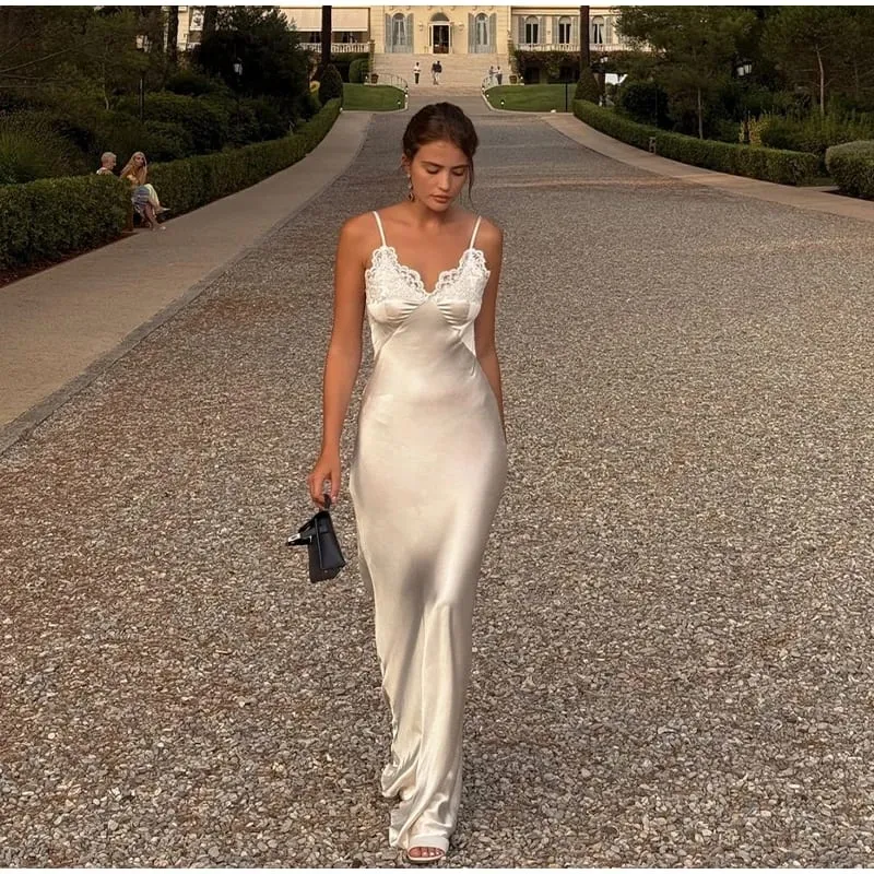 Lace Patchwork Sling Women's Dress Sexy Solid V-neck Sleeveless Backless Stain Female Maxi Dress 2026 Elegant Summer Party Gowns — image 4