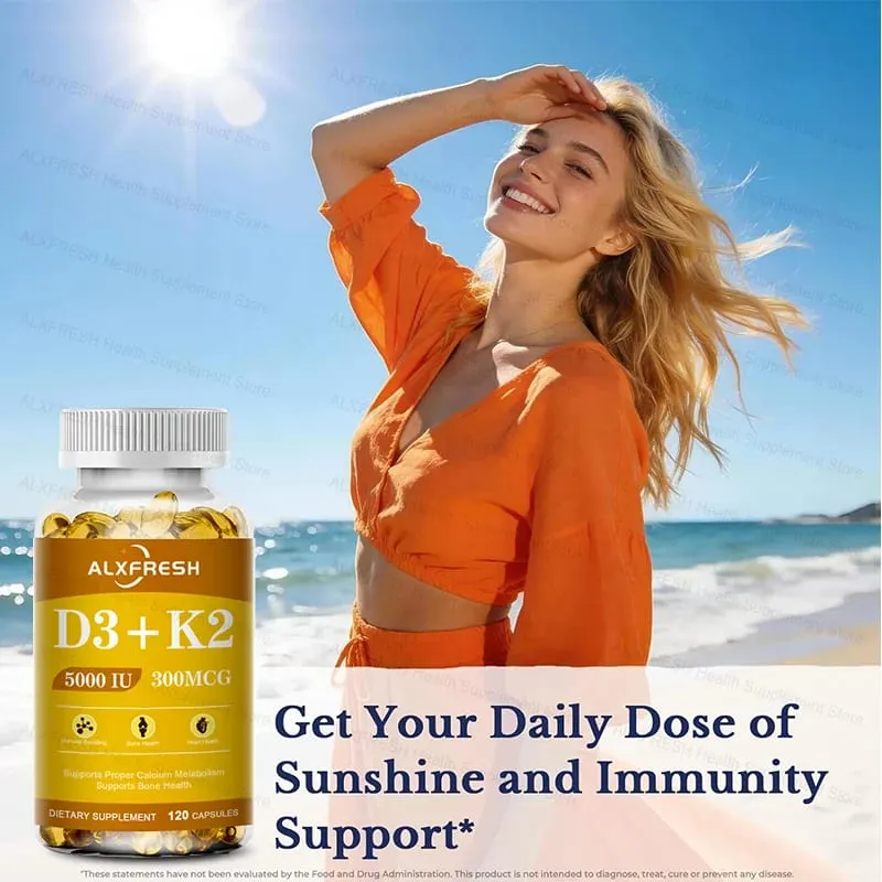 D3K2 Vitamin Capsules 5000 IU 300 mcg for Calcium Absorption Bone Teeth Immune & Heart Health Non-GMO