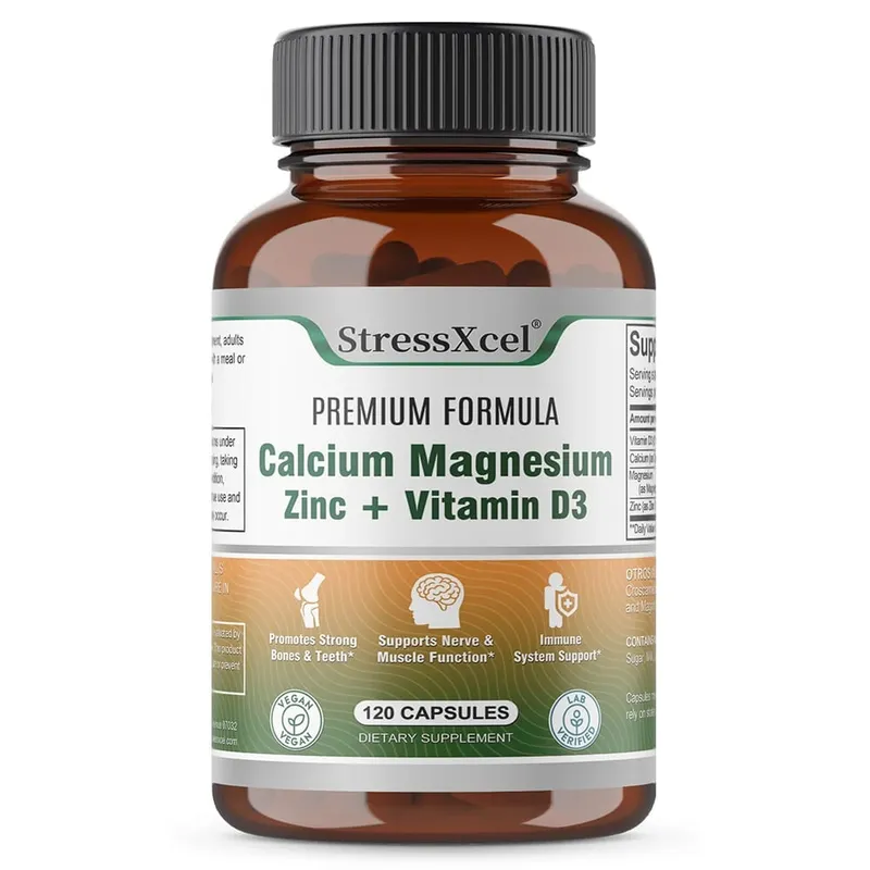 Calcium + Magnesium + Zinc + Vitamin D3 Capsules - Supports Bone and Nervous System Health and Improves Mood | Non-GMO