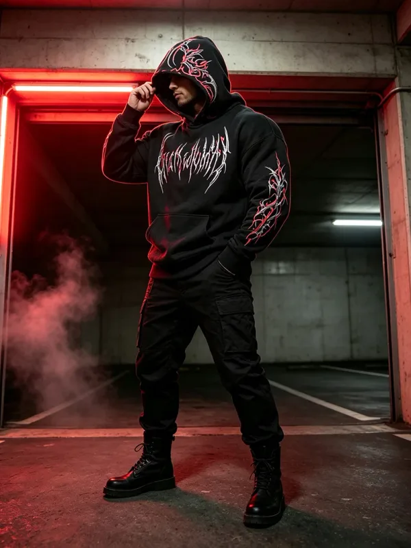Men Alt Gothic Pullover Hoodie Y2k High Street American Style Dark Thorn Print Fleece Lined Loose Biker Fall Winter Sweatshirt — image 14