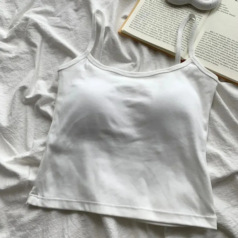 1PC Korean Women's Solid Color Spaghetti Straps Sleeveless Slim Camisole With Chest Pad — image 5