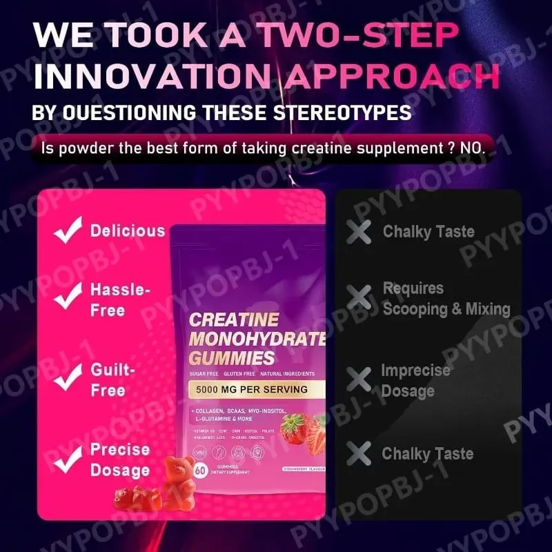 60 Count Creatine Monohydrate Gummie with Collagen Biotin Vitamin D3 & Hyaluronic Acid Daily Pre & Post Workout Recovery Support